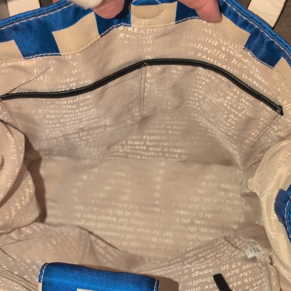 Kate Spade Blue and Cream Square Pattern Tote With Black Leather Handles - Picture 10 of 13